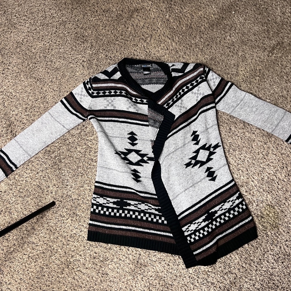 Light Gray Aztec Open-Front Sweater Cardigan -